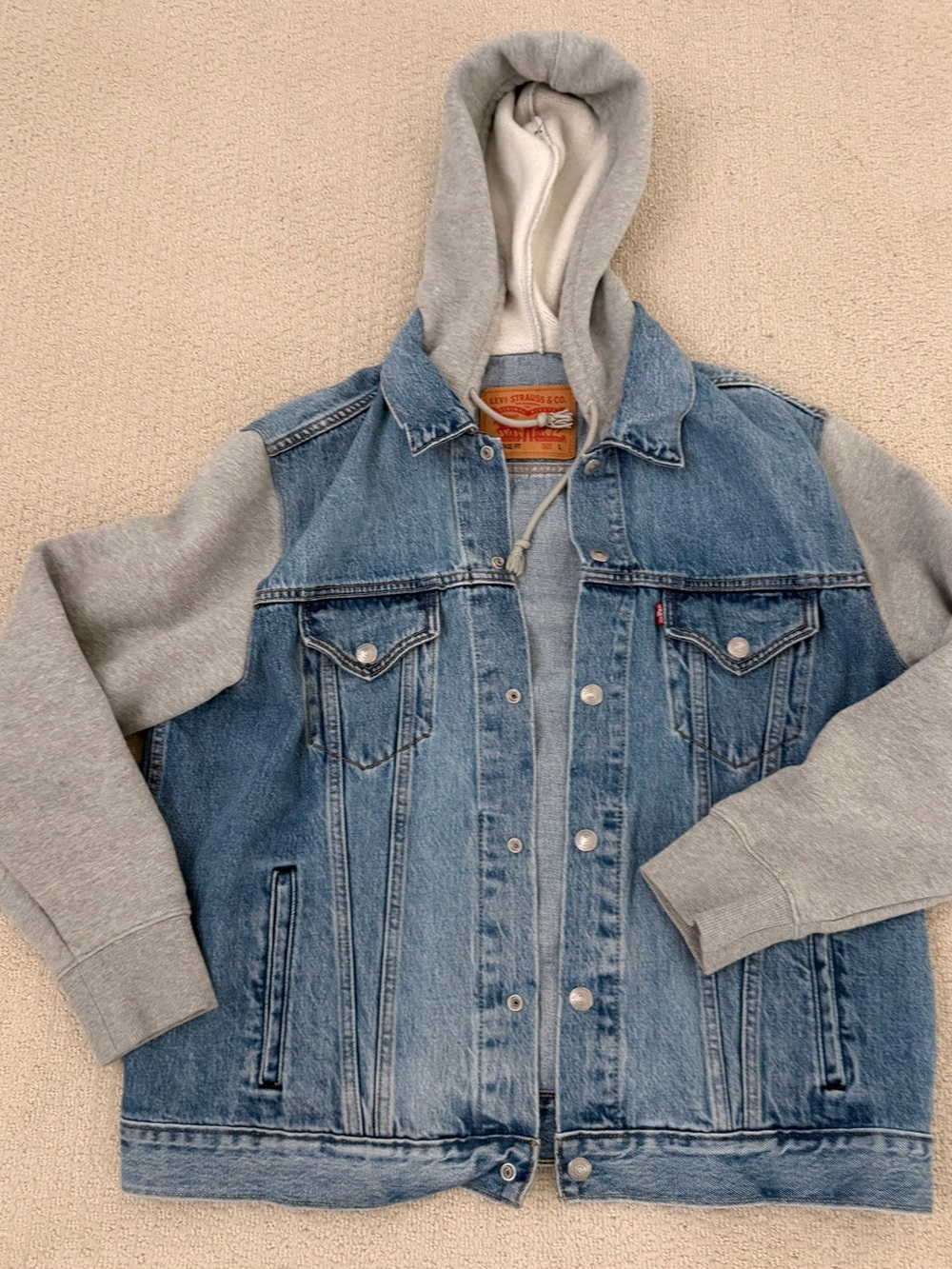 Levi's Blue Denim Jacket with Gray Hood and Sleeves